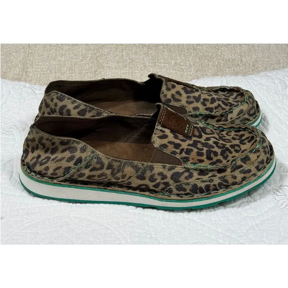 Ariat Women's 8.5 Tan Black Cheetah Print Western Canvas Slip On Loafer Shoes